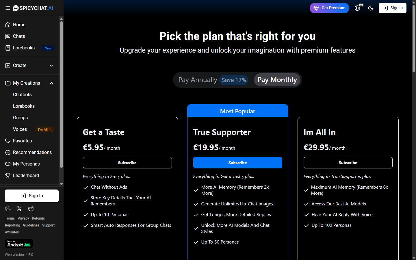 Monthly plan comparison from the public SpicyChat interface