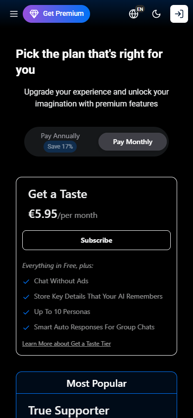 Mobile subscription view from the public SpicyChat interface